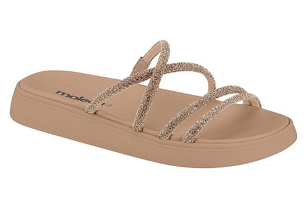 Sandália Rasteira Moleca Com Tiras Brilhantes Ouro Rosado