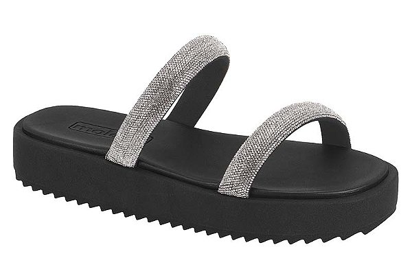 Papete Moleca Flat 2 Tiras Com Strass Preto/Cristal
