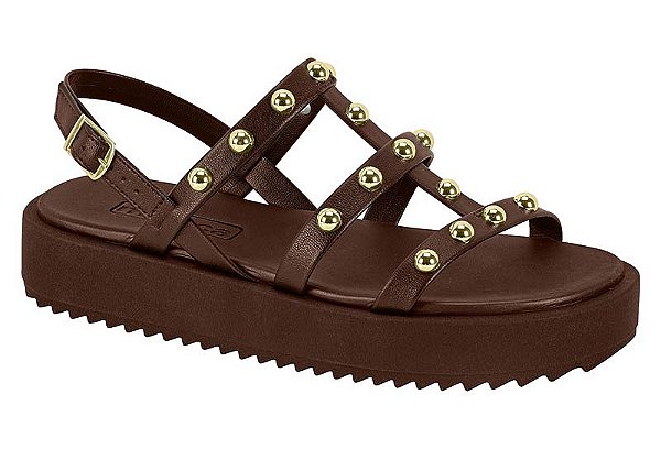 Sandália Flat Moleca Com Tiras E Detalhes Douradas Marrom