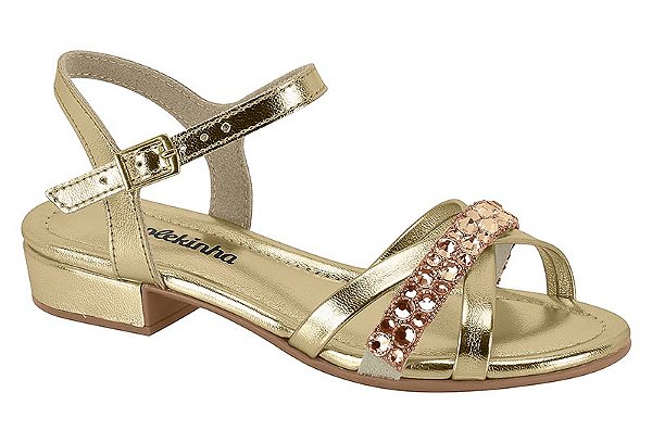 Sandália Infantil Com Pedrarias E Salto Baixo Dourado