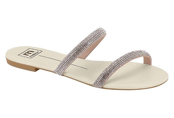 Sandália Rasteira Moleca Metalizada De Tiras Duplas Cristal/Branco