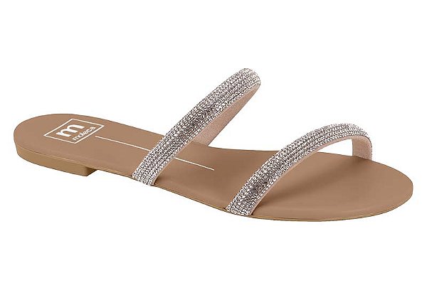 Sandália Rasteira Moleca Metalizada De Tiras Duplas Cristal/Nude