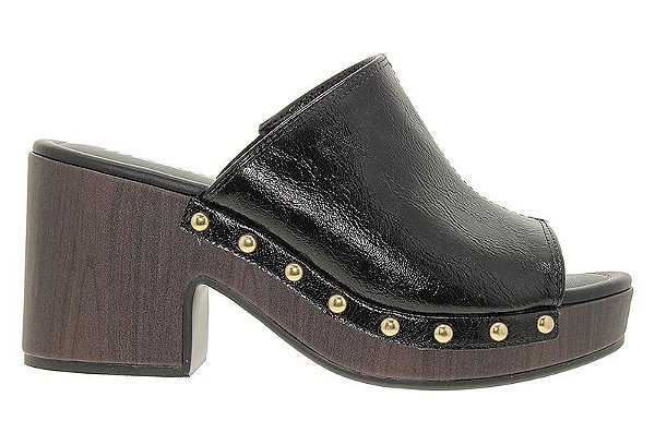 Tamanco Feminino Moleca Com Salto Grosso E Detalhes Em Dourado Preto