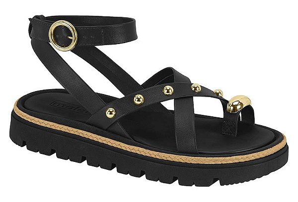 Sandália Rasteira Moleca Feminina Com Tiras E Detalhes Dourados Preto