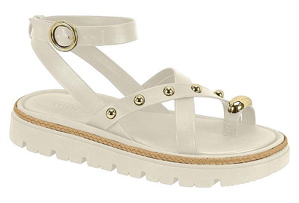 Sandália Rasteira Moleca Feminina Com Tiras E Detalhes Dourados Branco Off