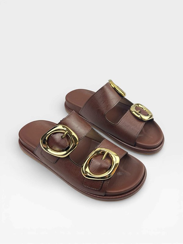 Papete Slide Af Marrom Cafe Com Fivelas Douradas