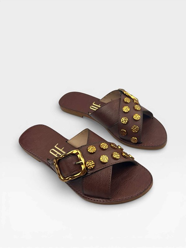 Rasteira Slide Af Com Pedrarias Douradas Cafe