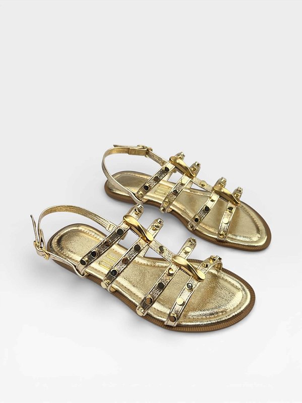 Rasteira Af Com Tiras Strass E Tachas Dourada