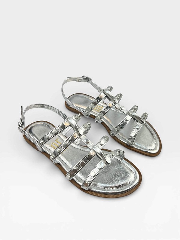 Rasteira Af Com Tiras Strass E Tachas Prata