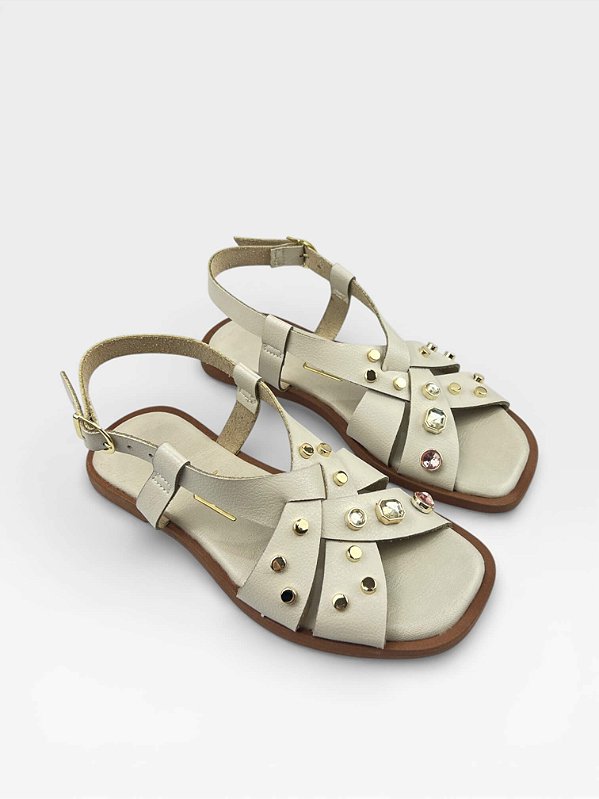 Sandália Rasteira AF Off White Tiras com Tachas