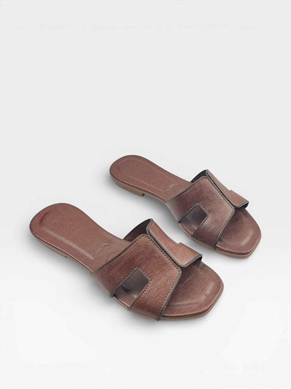 Rasteira Slide Af Marrom Em Couro Com Tira H Cafe