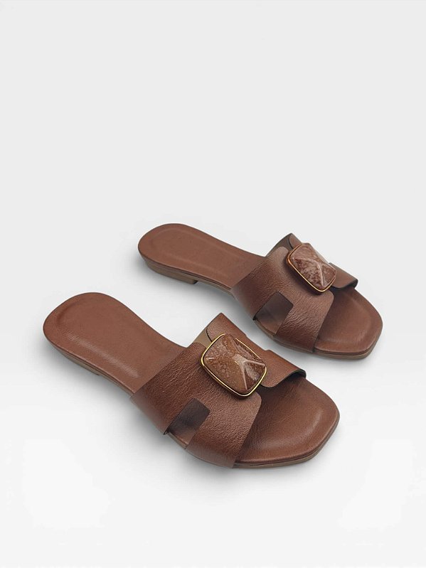 Slide Rasteira Af Caramelo Bico Quadrado com Adorno