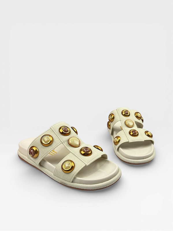 Papete Feminina Com Pedrarias Douradas Off White