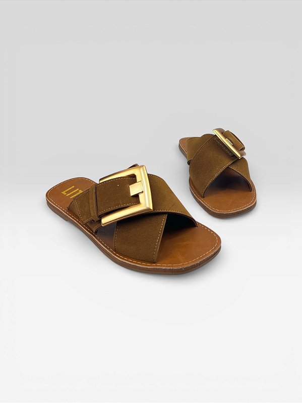 Sandália Rasteira Feminina Com Fivela Metal Carvalho/Ouro Fosco
