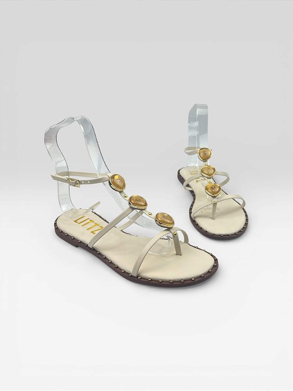 Sandália Rasteira Feminina Com Pedras E Tiras Off White/Champanhe