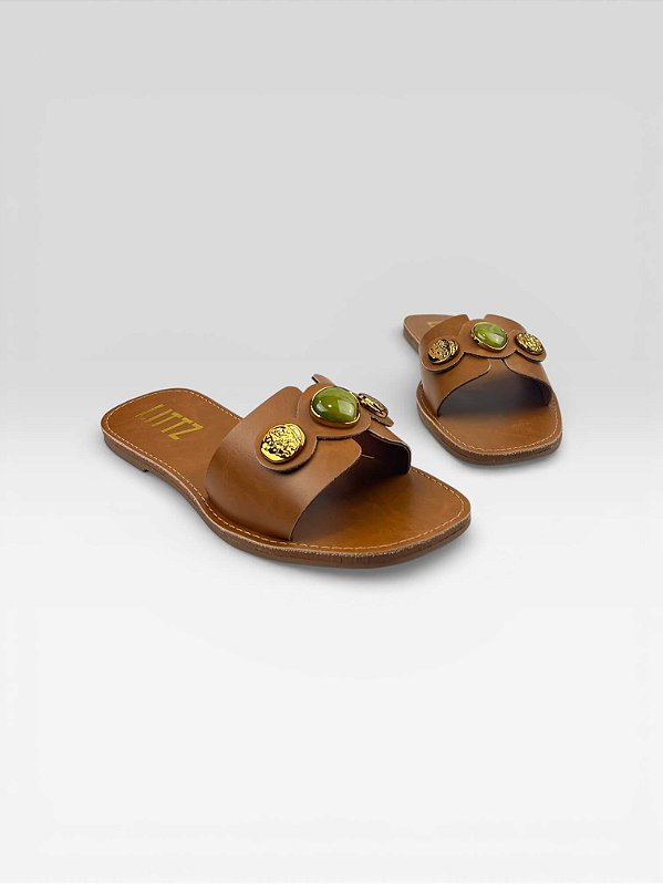 Sandália Slide Feminina Com Pedras Decorativas  Marrom