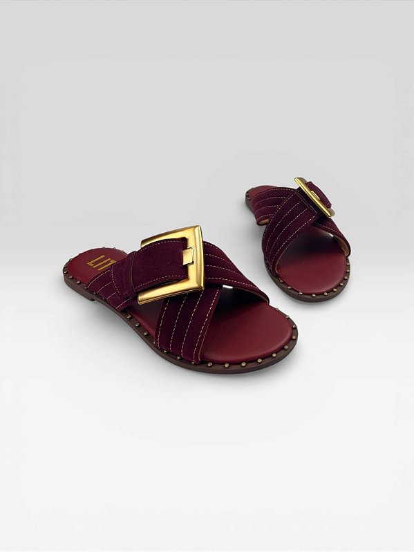 Sandália Slide Feminina Com Fivela Decorativa  Vinho