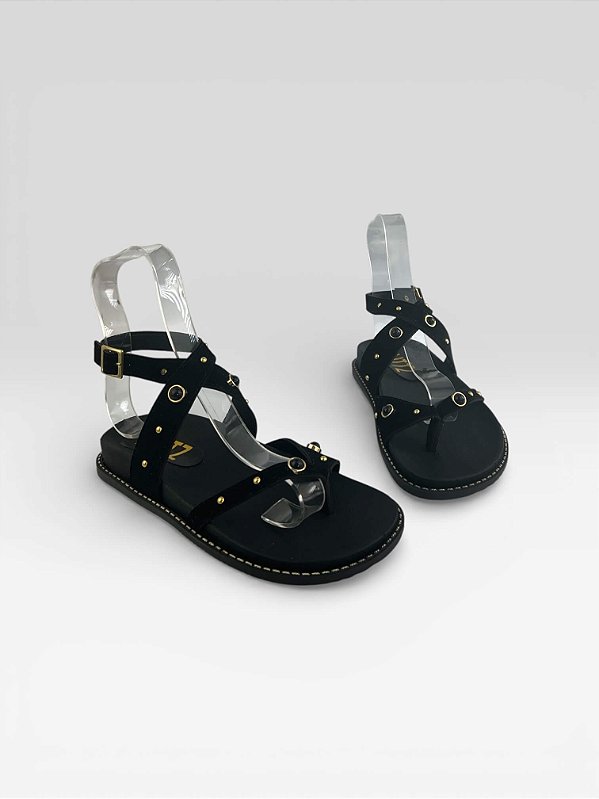 Sandália Rasteira Feminina Com Tiras E Tachas Camurca Preto/Preto