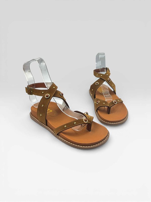 Sandália Rasteira Feminina Com Tiras E Tachas Camurca Carvalho/Caramelo