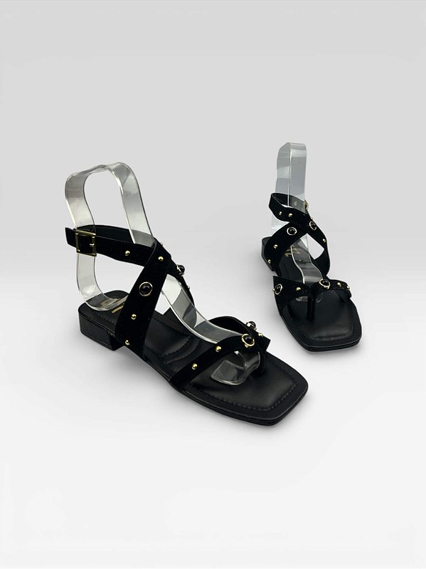 Sandália Rasteira Feminina Com Tiras E Tachas Preto/Preto