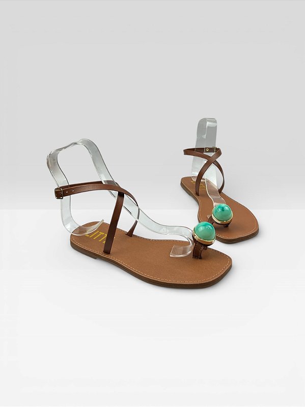 Sandália Feminina Com Amarração Confortável  Moca/Turquesa