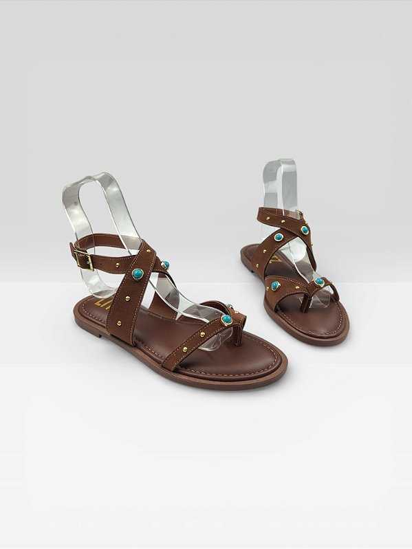 Sandália Rasteira Feminina Com Tachas E Fivela Camurca Terra/Aurora