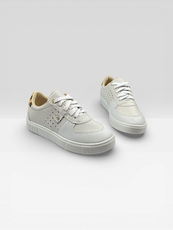 Tênis Casual Feminino Com Detalhes Dourados Branco/Onca