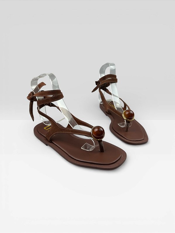 Sandália Rasteira Feminina Amarração E Fivela Marrom