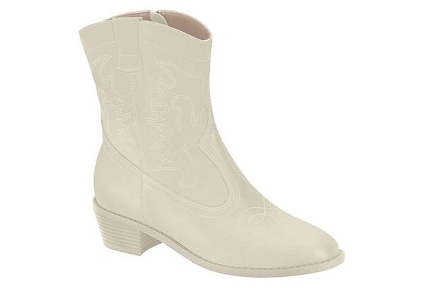 Bota Moleca Country Cano Curto Com Bordado Salto Bloco Branco Off
