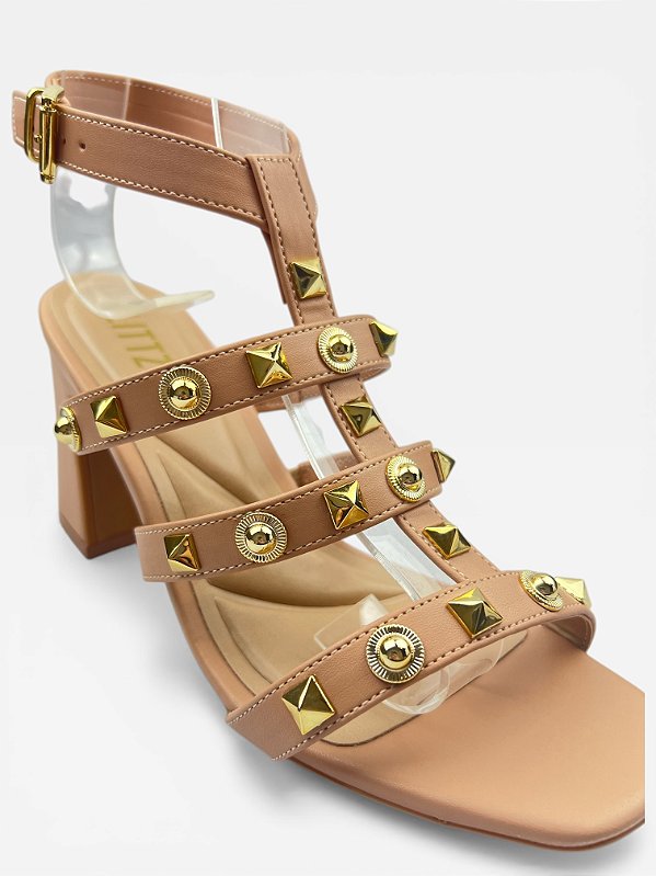 Sandália Feminina De Salto Bloco Com Tiras E Aplicações Natural