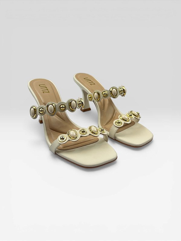 Tamanco Feminino De Salto Médio Com Aplicações  Off White