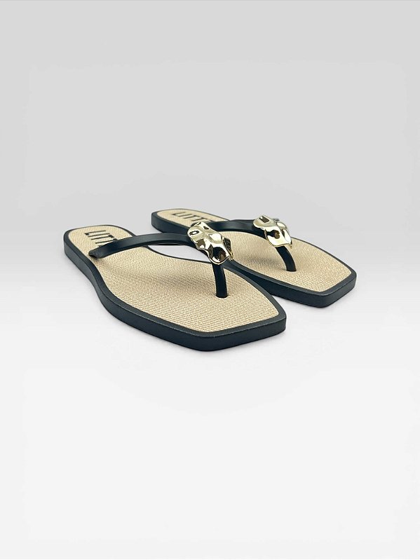 Chinelo Slim Com Detalhe Dourado  Preto