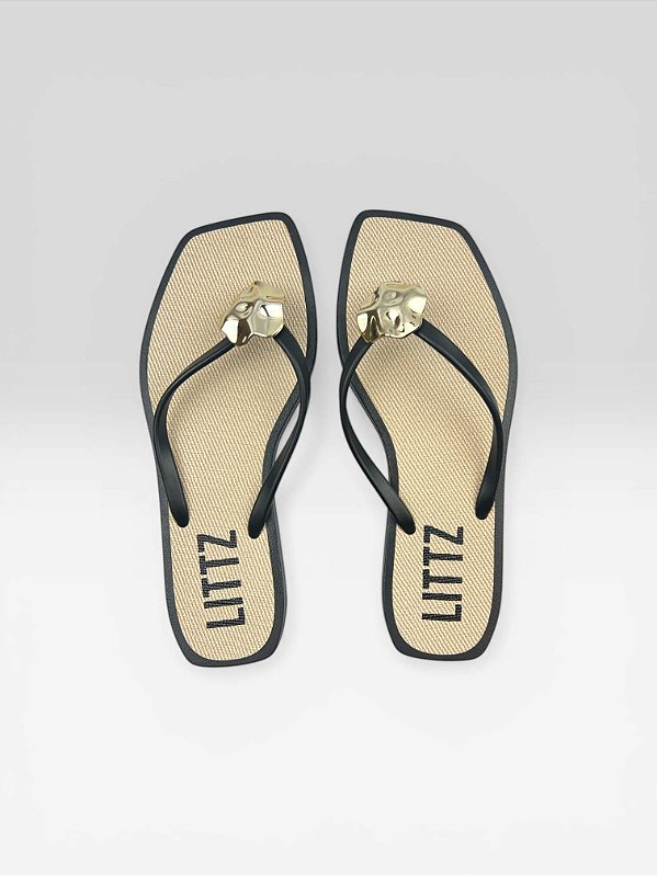 Chinelo Slim Com Detalhe Dourado Preto