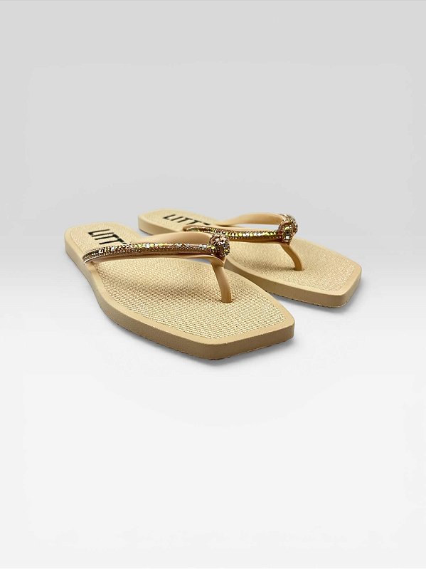 Chinelo Com Bico Quadrado E Pedras Bege/Mt39