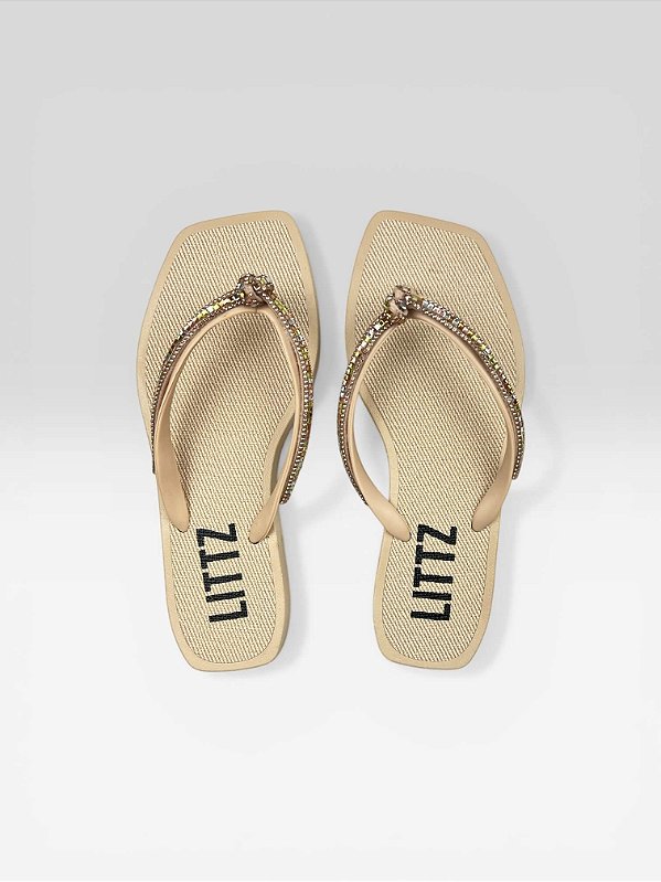 Chinelo Com Bico Quadrado E Pedras Bege/Mt39
