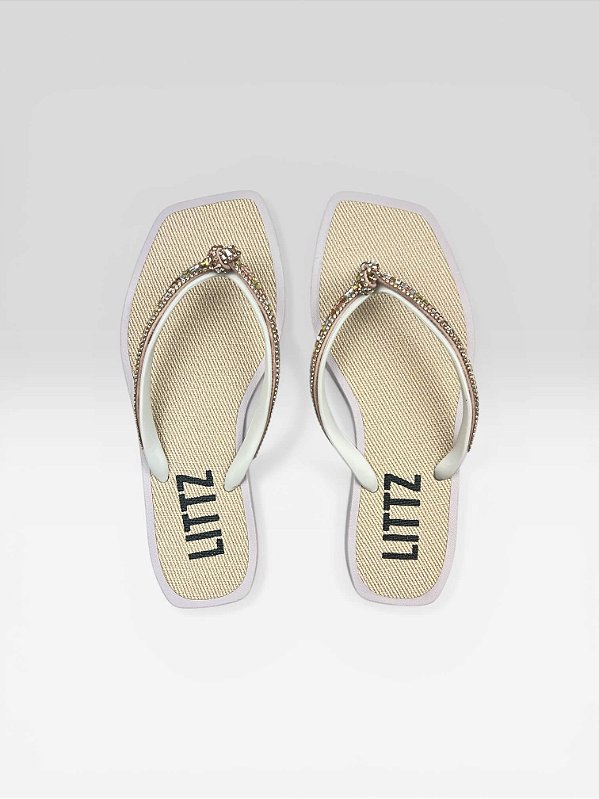 Chinelo Com Bico Quadrado E Pedras Branco/Mt39