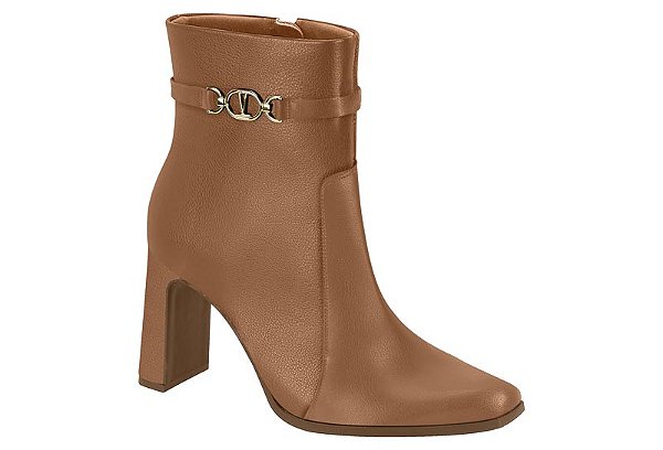 Bota Vizzano Cano Curto Com Salto Bloco Alto E Detalhe Metalizado Caramelo