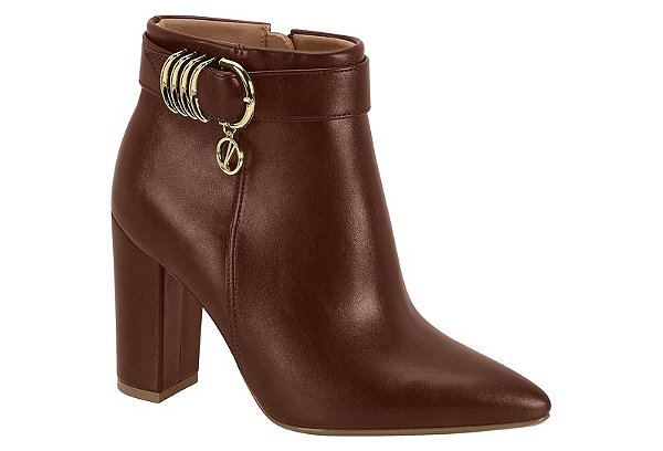 Bota Vizzano Cano Curto Com Salto Alto Bloco E Detalhe Dourado Cafe