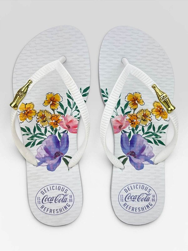 Chinelo Coca-Cola Shoes Floral Com Detalhe Douradoa Branco/Branco #1