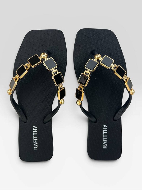 Chinelo Rasteiro Rafitthy Com Detalhes Metalizados Veneza/Preto