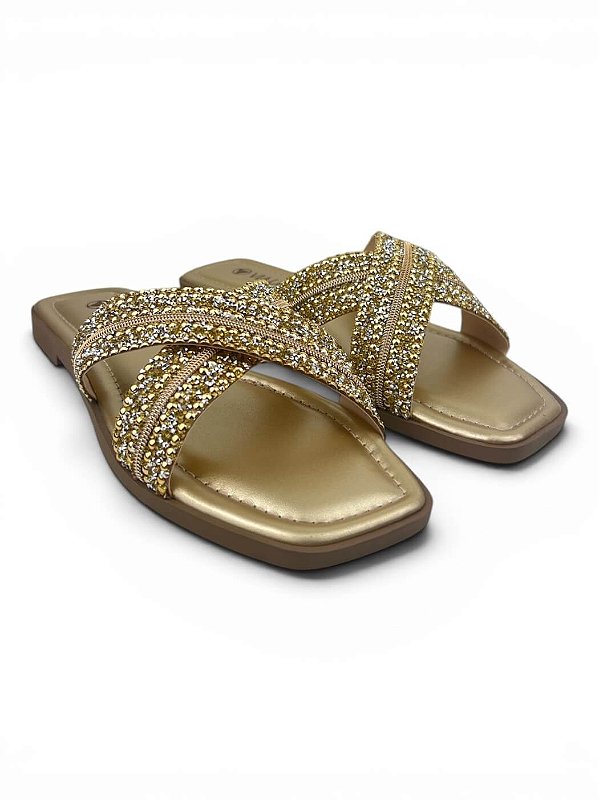 Rasteira Slide Via Uno Com Aplicação De Strass  Cristal/Ouro