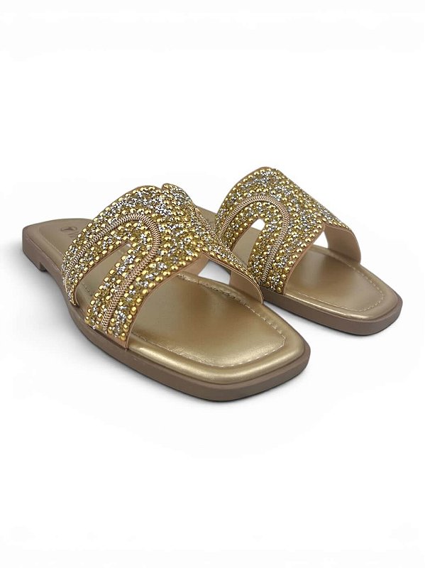 Sandalia Rasteira Slide Via Uno Com Aplicação De Strass   Ouro