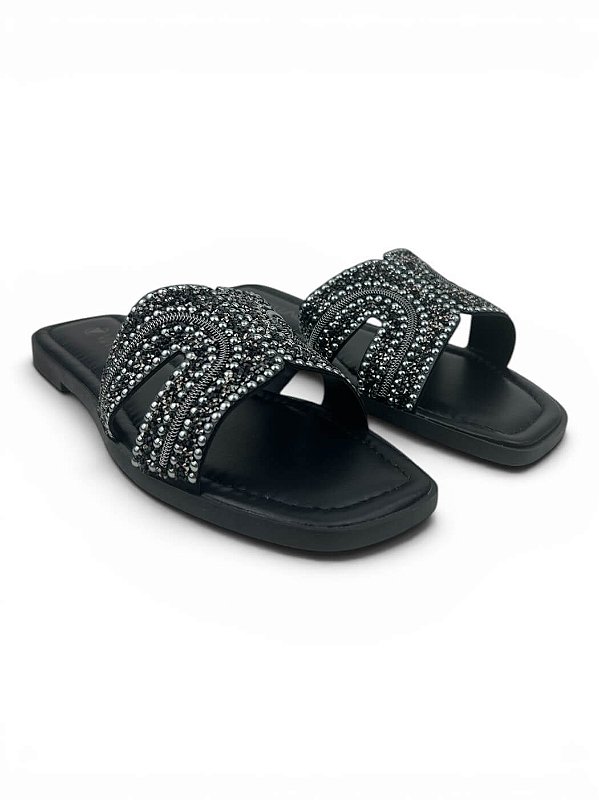 Sandalia Rasteira Slide Via Uno Com Aplicação De Strass   Preto