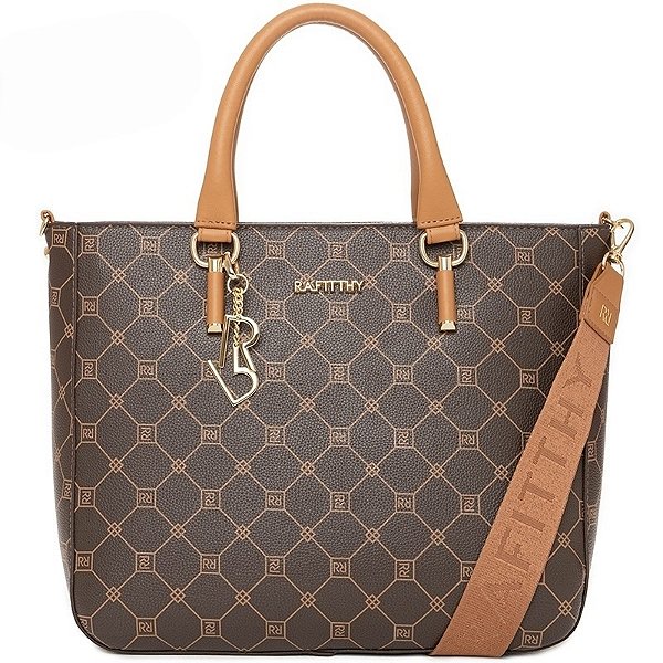 Bolsa Rafitthy Texturizada Com Monograma E Alça Dupla Dark Cacau/ Caramelo