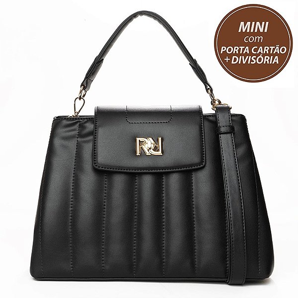Bolsa Rafitthy Feminina Matelassê Com Logo Dourado E Alça De Corrente Preto