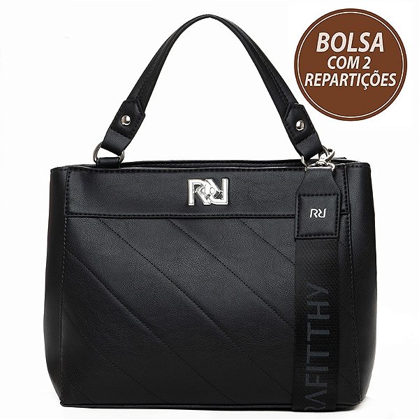Bolsa De Mão Estruturada Rafitthy Com Estampa Monograma Logotipo Prateado Preto