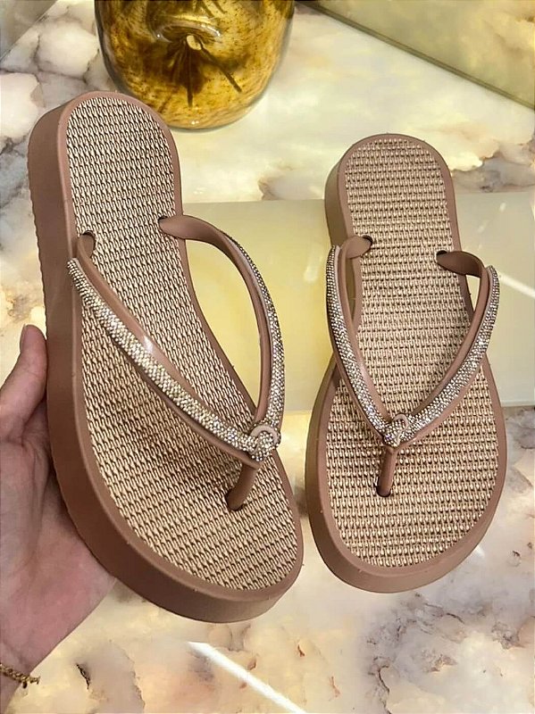 Chinelo Feminino Plataforma Com Tiras Em Strass Rose #1