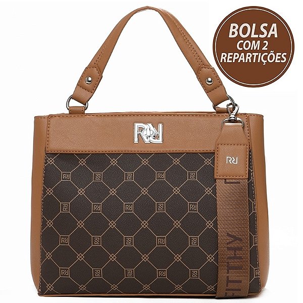 Bolsa De Mão Rafitthy Monograma Estruturada Com Duas Repartições Dark Cacau/ Caramelo