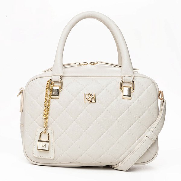 Bolsa De Mão Rafitthy Baú Matelassê Com Pingente Cadeado Dourado Off White