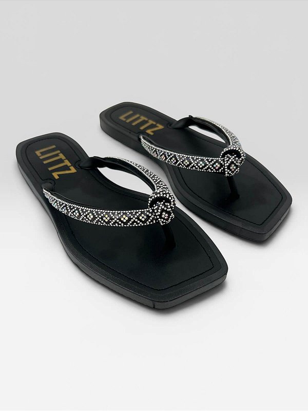 Chinelo Feminino Littz Com Strass Colorido Preto